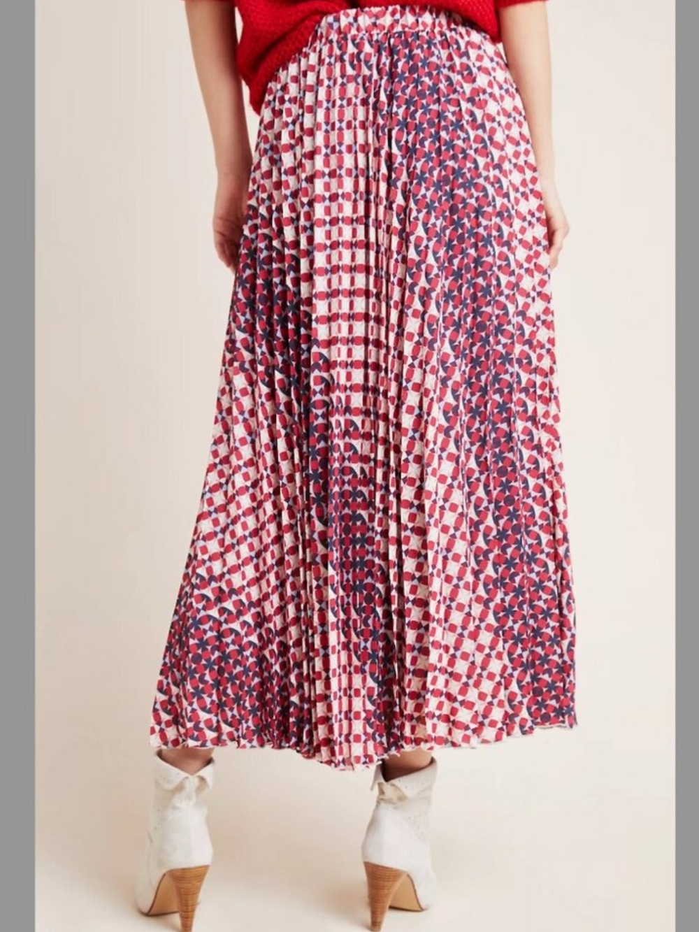 Maeve anthropologie Pleated Geometric Print Midi Skirt in Red and Navy